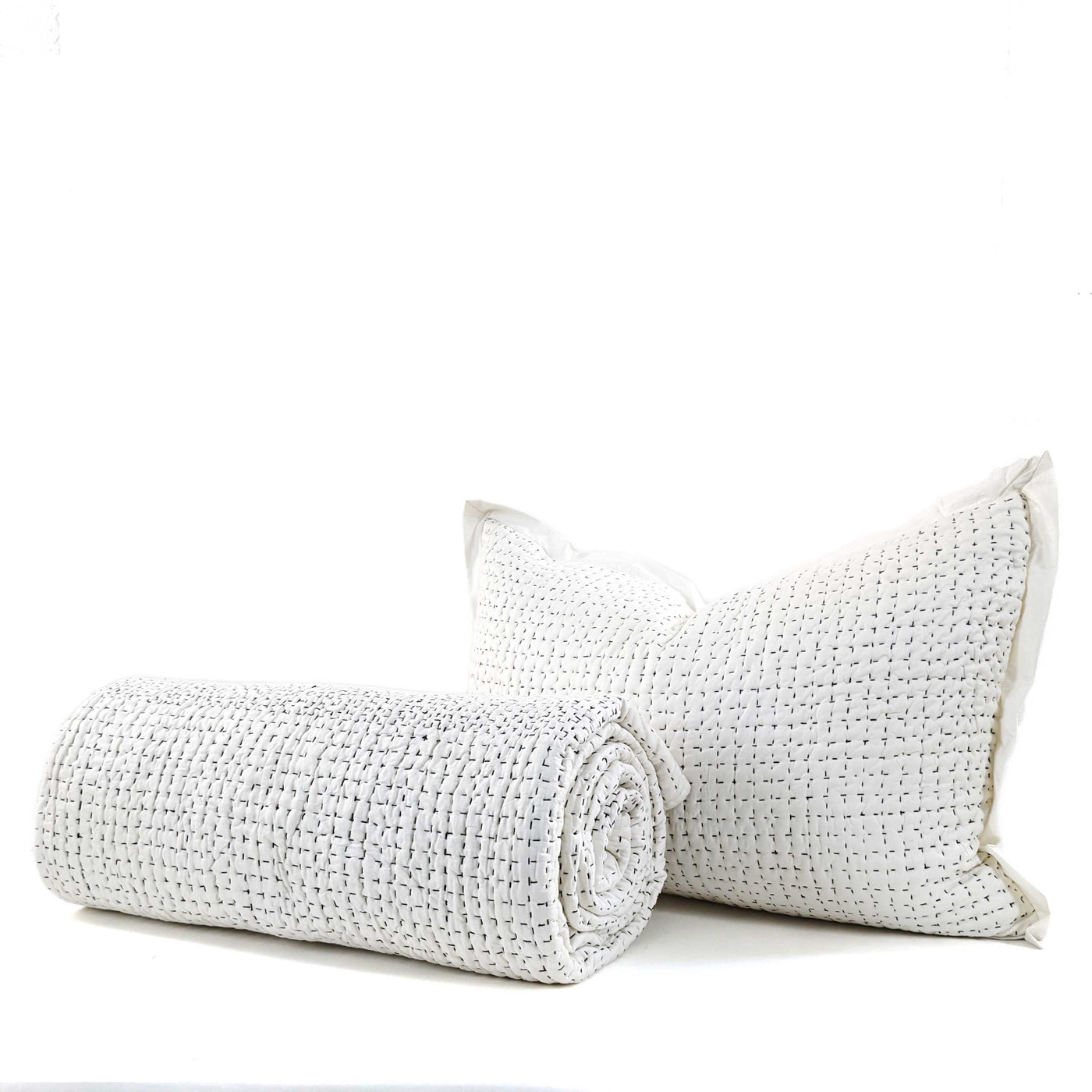 Gudri Ivory Contrast Stitch Bedspread Large 96" with 2 Shams